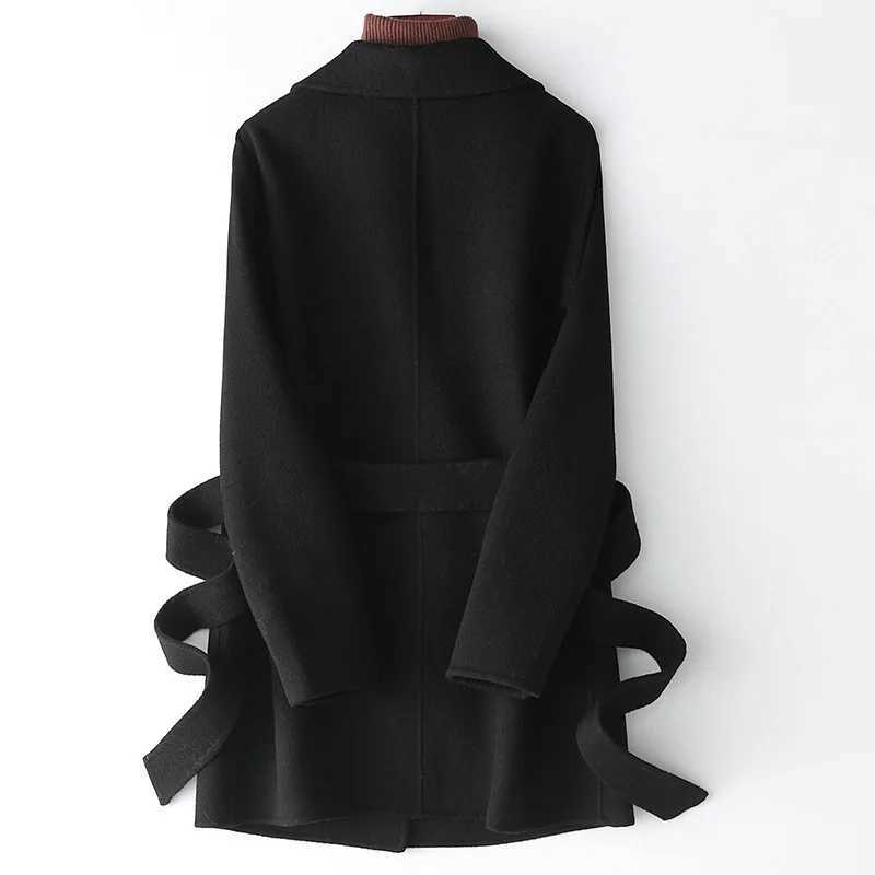 2021 Autumn Korean Double Sided Black Short 100 Wool Coat Womens Loose Lacing Belt Red Woolen OvercoatT251101