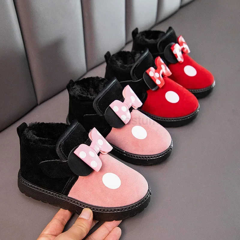 Disney mickey mouse casual shoes childrens bow thick warm antiskid soft bottom cotton shoes girl snow boots H251101