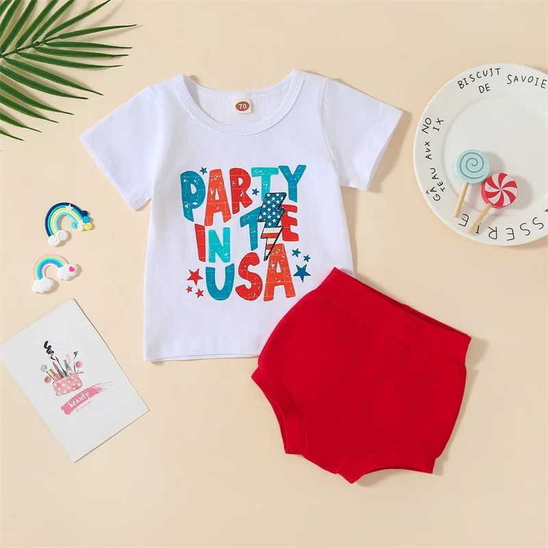 Childrens clothing set for July 4th featuring patriotic celebrities and striped printed Tshirts suitable both boys girls 250325z