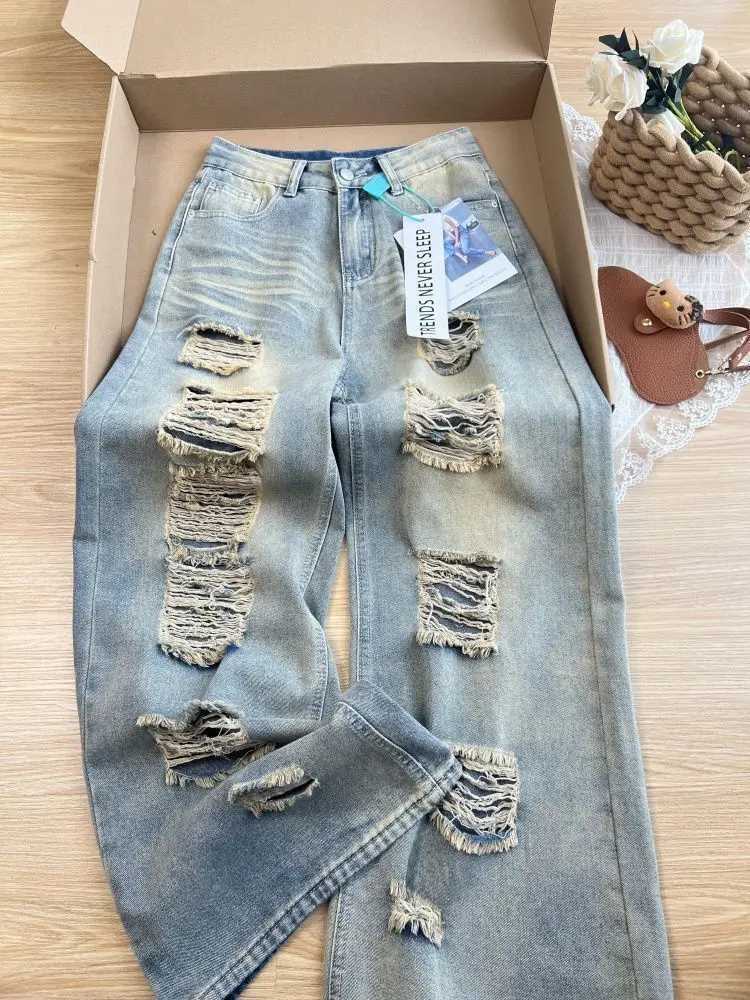 2025 Autumn New Retro Old Ripped Jeans Wideleg Jeans Women Loose Pants Trousers Baggy Jeans J251031