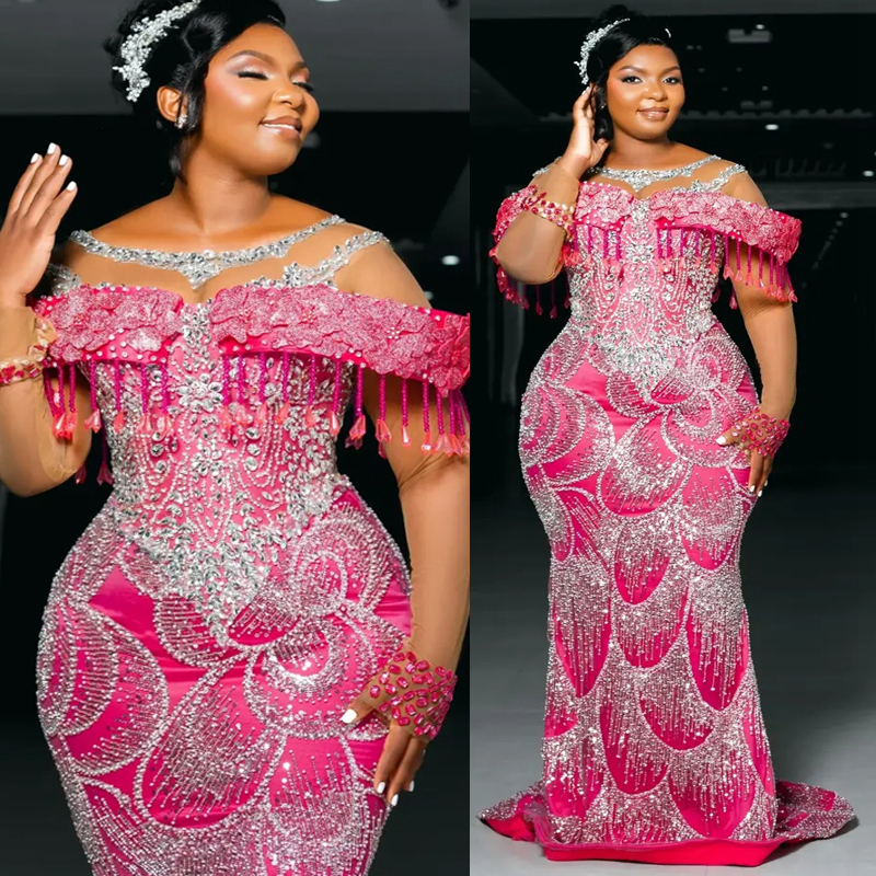 2025 Plus Size Fuchsia Prom Dress Mermaid Evening Dress Sheer Neck Beaded Appliqued Lace Crystals Birthday Dress Second Reception Gowns Engagement AM3