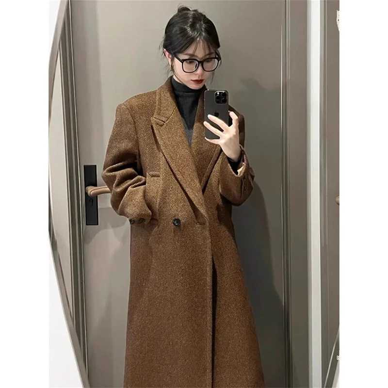 Plus Size HighEnd Coffee Colored Long Suit Jacket For Womens Blazer Loose casual Thick Trench Woolen Coat For Autumn And WinteT251101