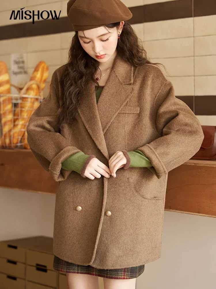 MISHOW Womens Handmade Doublesided Mid Length Woolen Coat 2023 Winter Vintage Double Breasted Short Wool Outerwear MXC52W0210T251101