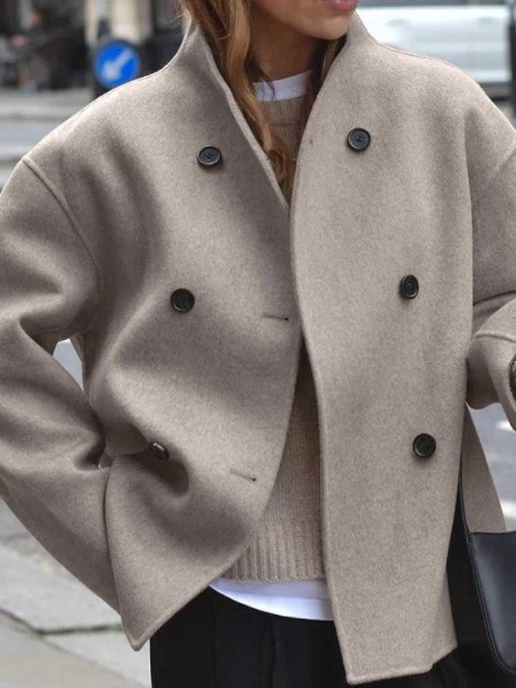 Brown French Style Vneck Doublebreasted Woolen Jacket European American New Autumn Winter Suit Womens Clothing Winter CoatT251101