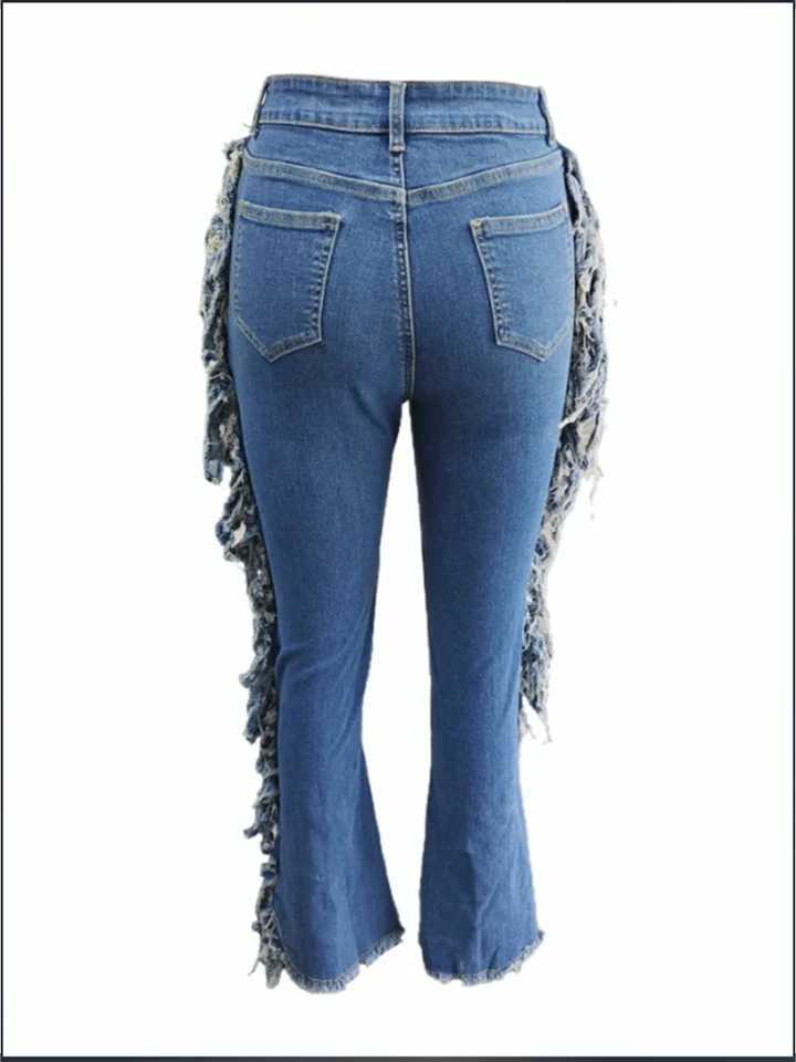 Blue Pocket Ripped Pants Womens Jeans Street Hiphop Sexy Trousers Fashion Autumn Bell Bottom Pants J251031