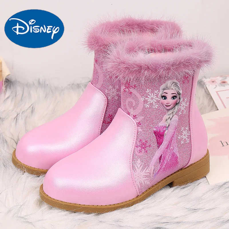 Disney Girls Boots Winter Fashion Frozen Elsa Princess Childrens Short Girls Cotton Fur Ankle Boots Girls Pink Shoes Size 25 H251101