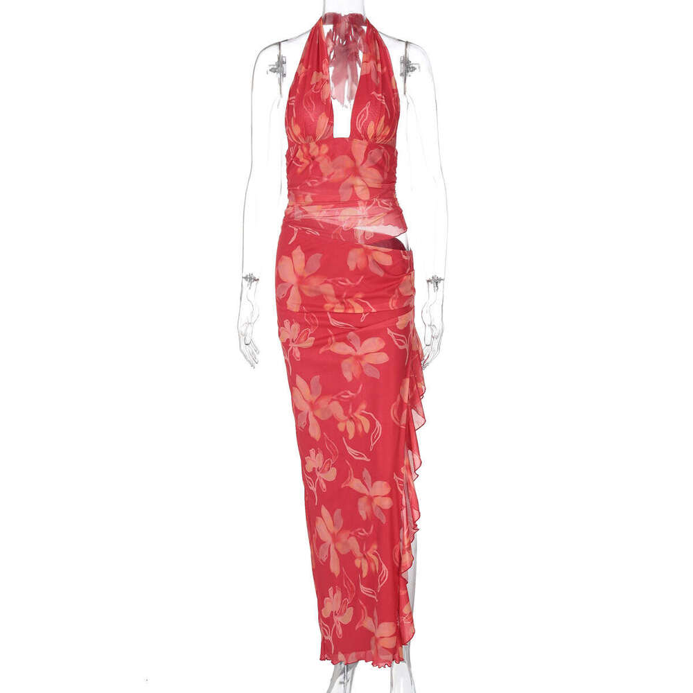 Amazon Cross-Border New Women's Fashion Sexy Deep V Chest Wrap Patchwork Waist-Exposing Long Ruffled Halter Dress For Women a0f7 - view 7