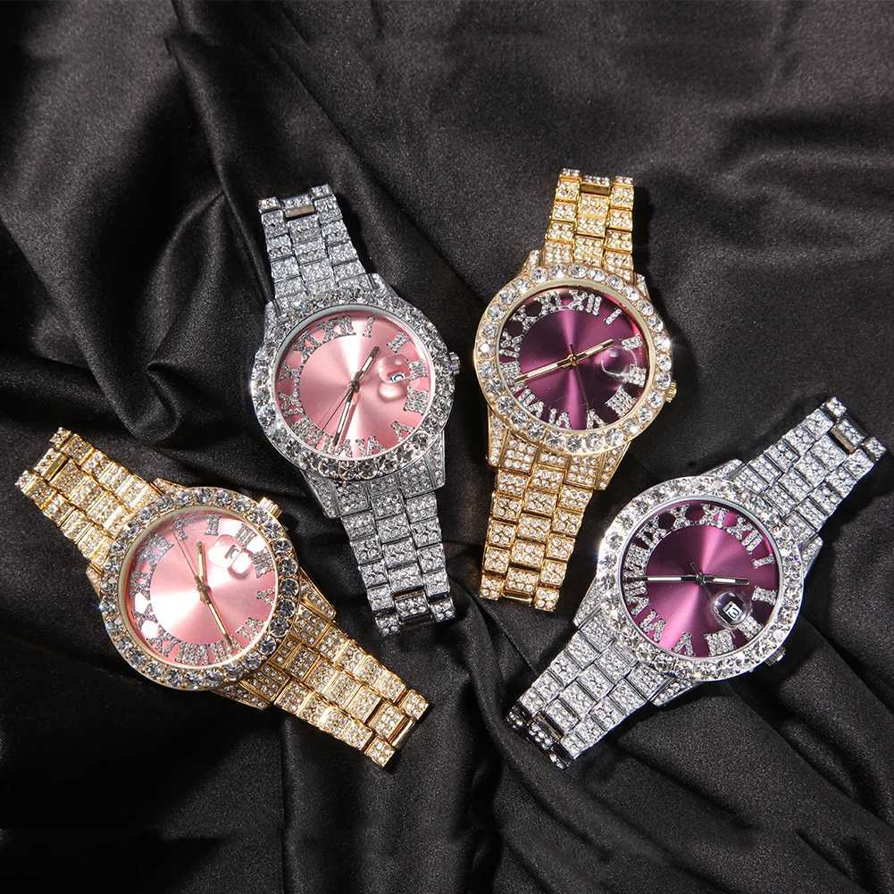 TBTK Mens Big Pink Purple Blue Dial Iced Out Quartz Clock Luxury Rhinestone Business Waterproof Wrist esW251031