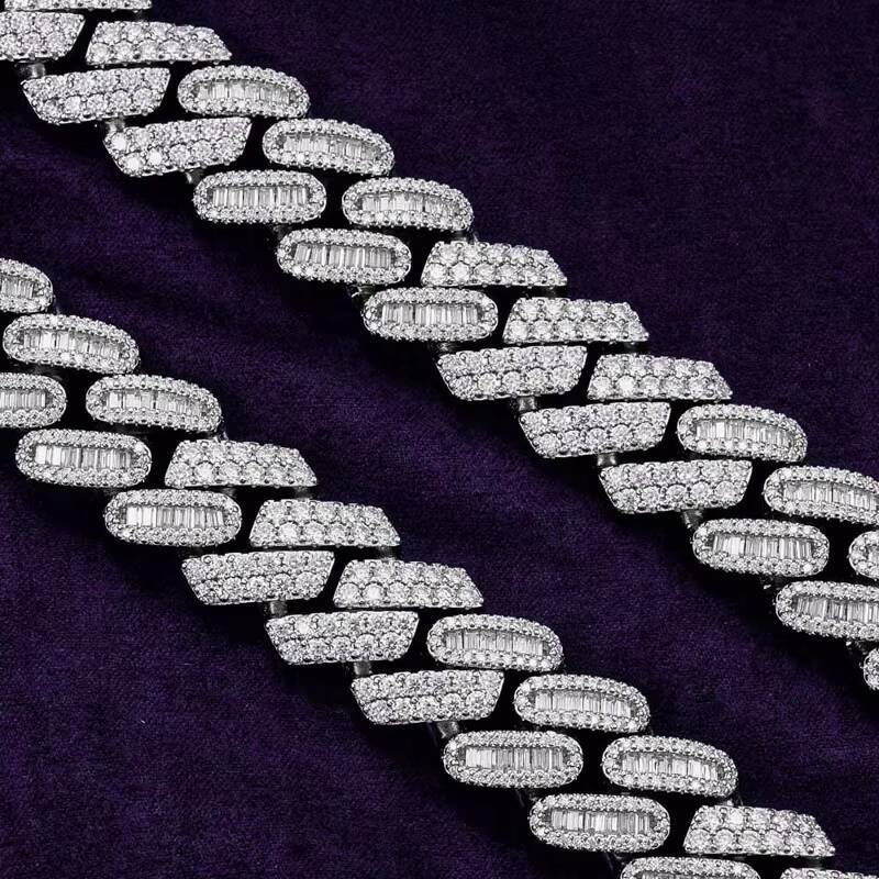 Pass Diamond Tester Hip Hop 15MM D Color Baguette Moissanite Mens Mixed Cut Cuban Link Chain With 925 Sterling Silver GRA