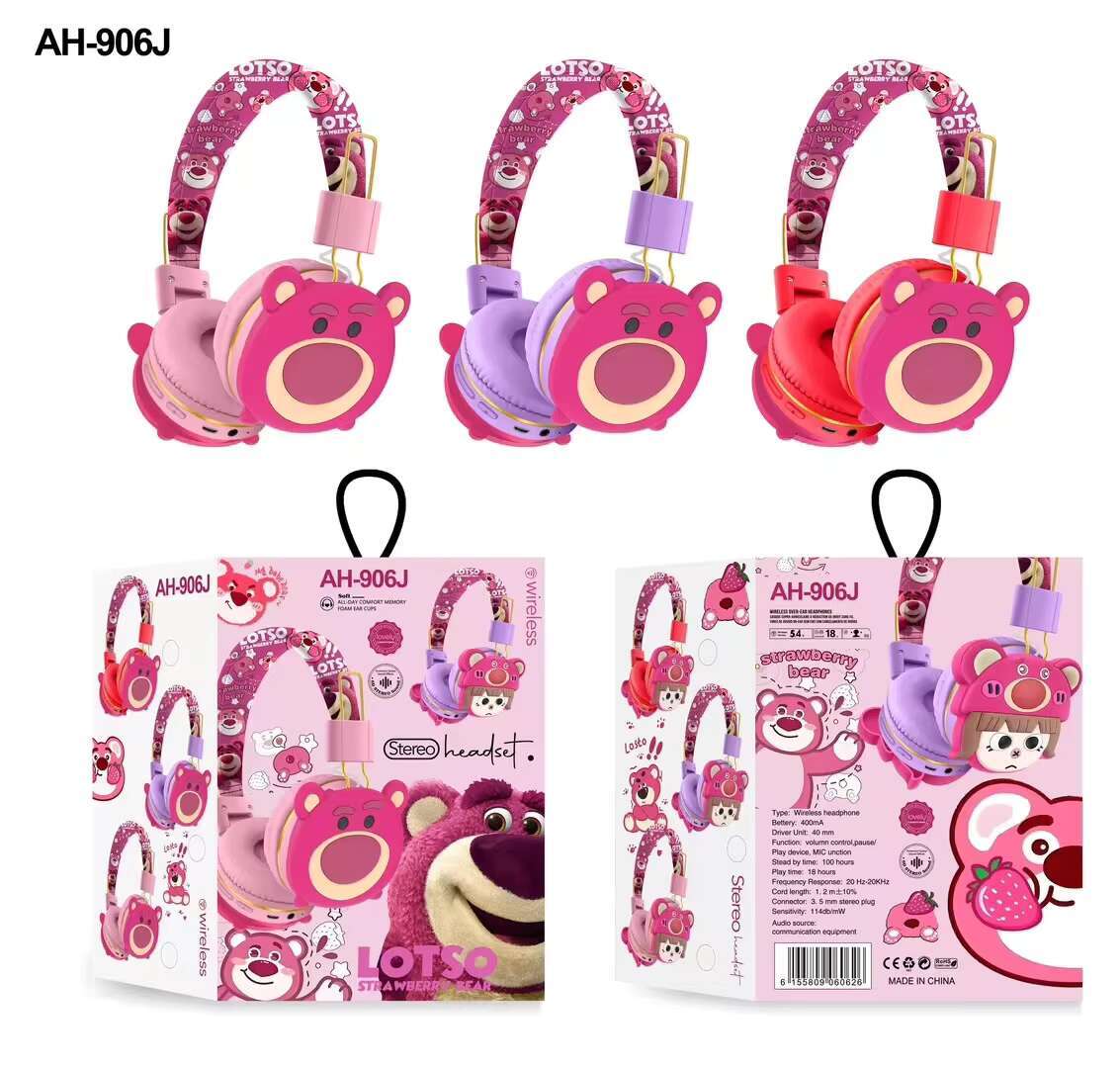 AH-906J Strawberry Bear Children Gifts Cute Headsets with Mic 40MM Drivers Cartoon Wireless Headphone for Kids Girls