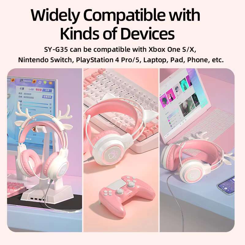 Shuoyin SY-G35 aron Wired 3.5 mm Cat Led Gaming Headset Headphones Over Ear with Microphone Wire for Girls PS4 PS5 Games