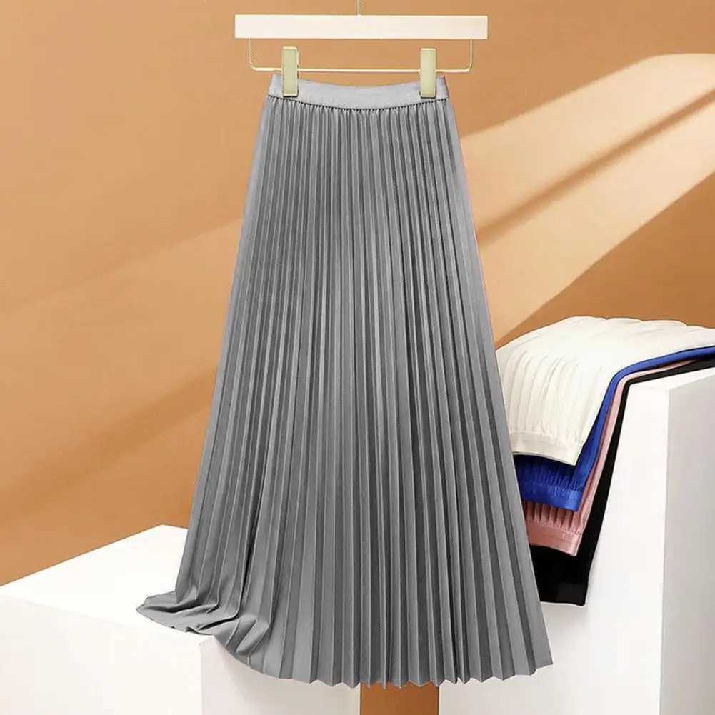 Summer womens pleated solid color elastic high waisted womens dress casual cotton blend A-Line smooth satin long skirt M250401