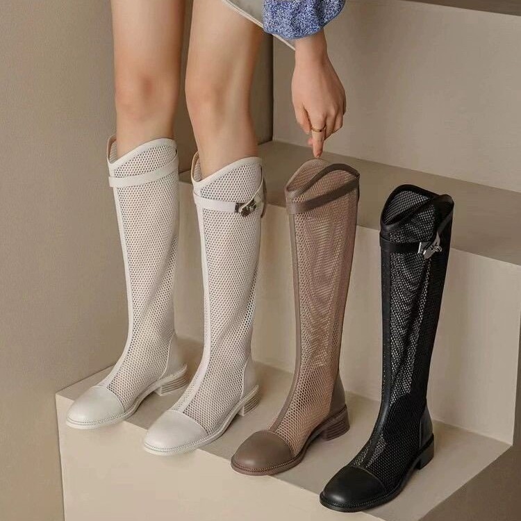hollow out boots for women summer new style thick heel thick sole non slip thin breathable mesh mid tube boots Modern Boots 241031