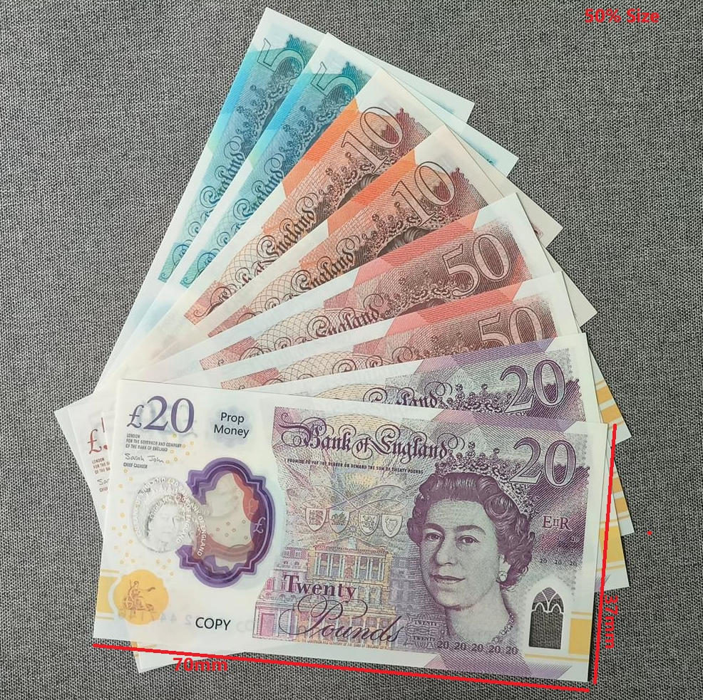 5A Realistic Prop Money UK Game Money British Copy Pounds GBP 10 20 50 Plastic Canada And Australia Movies Money Play Fake Casino Photo Booth 73*38.5mm 50% Size