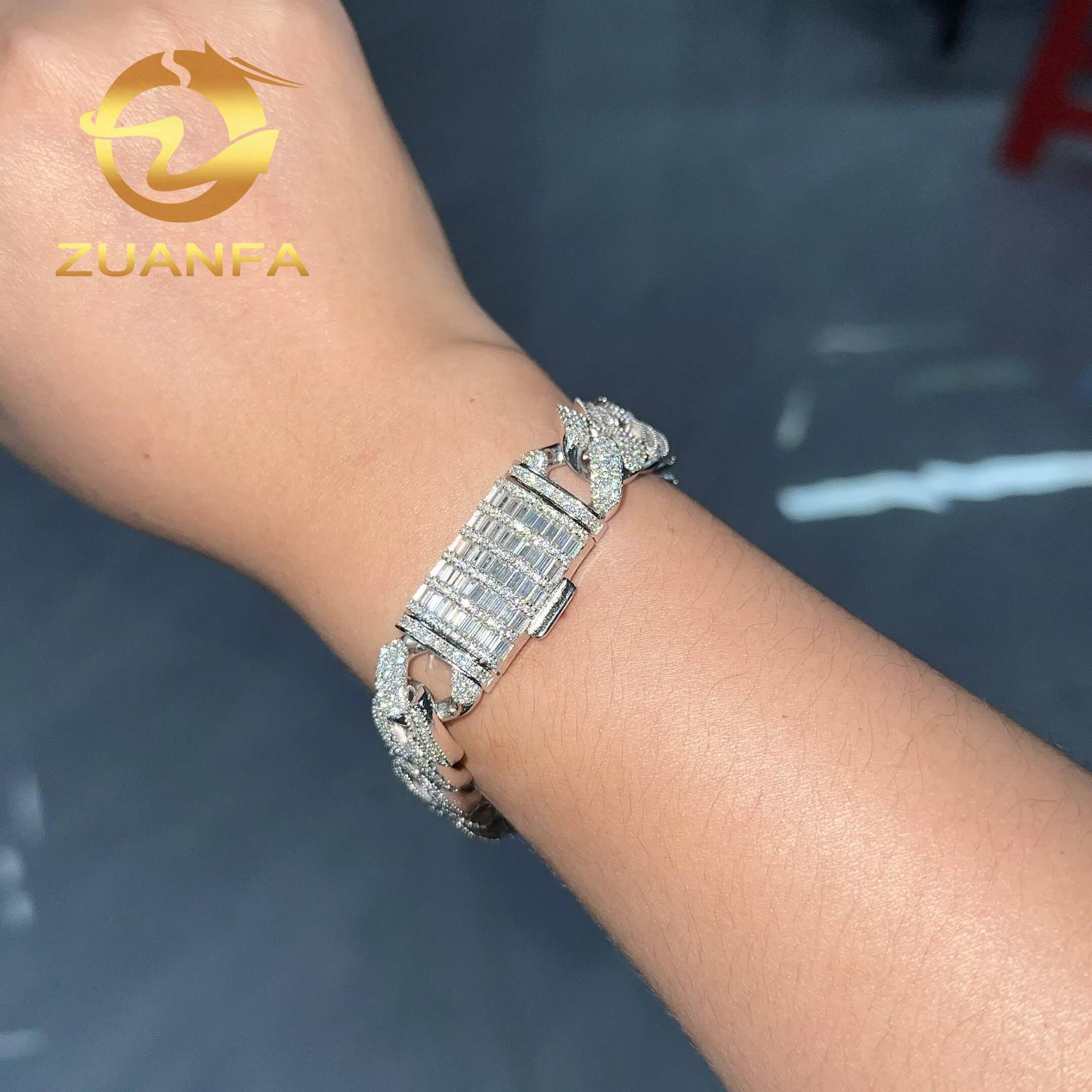 925 Silver 15mm Moissanite Cuban Link Bracelet Hip Hop Jewelry Round and Baguette Cut Iced Out Men Moissanite Bracelet