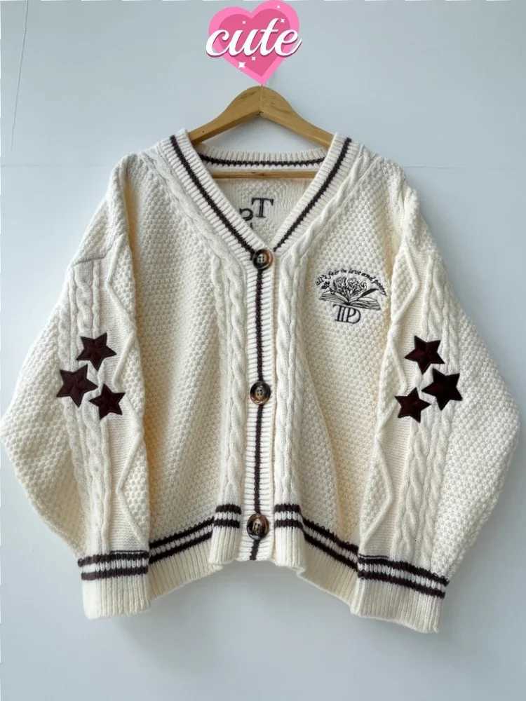 Oversized Vintage Star Embroidery Long Sleeve Single Breasted Women Cardigans Autumn Beige Folk Knitted ttpd Cardigan WomenT251101