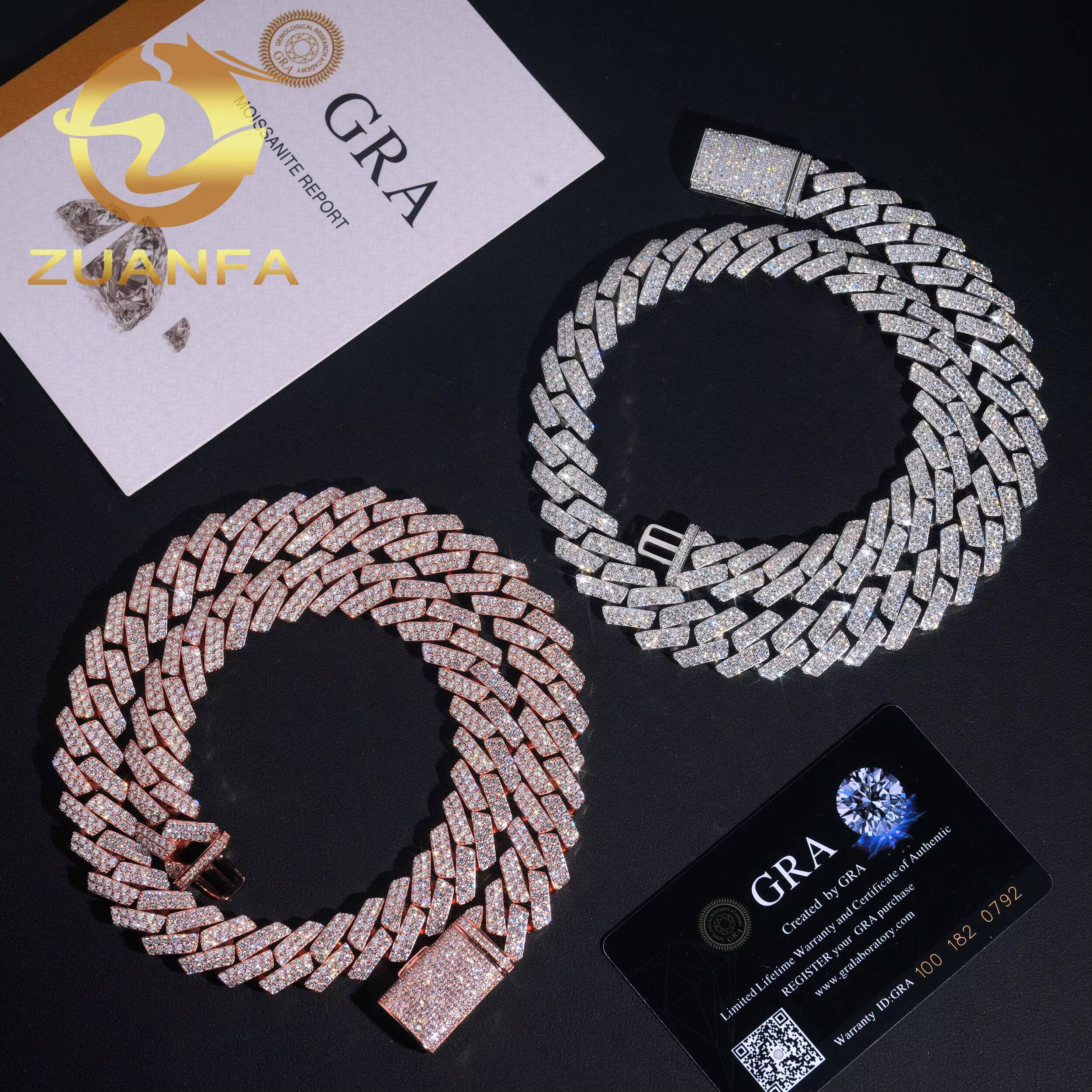 Hip Hop Jewelry 16MM 2 Row Moissanite Diamond Cuban Link Chain 925 Silver Iced Out Cuban Chain Moissanite Ready Shipping