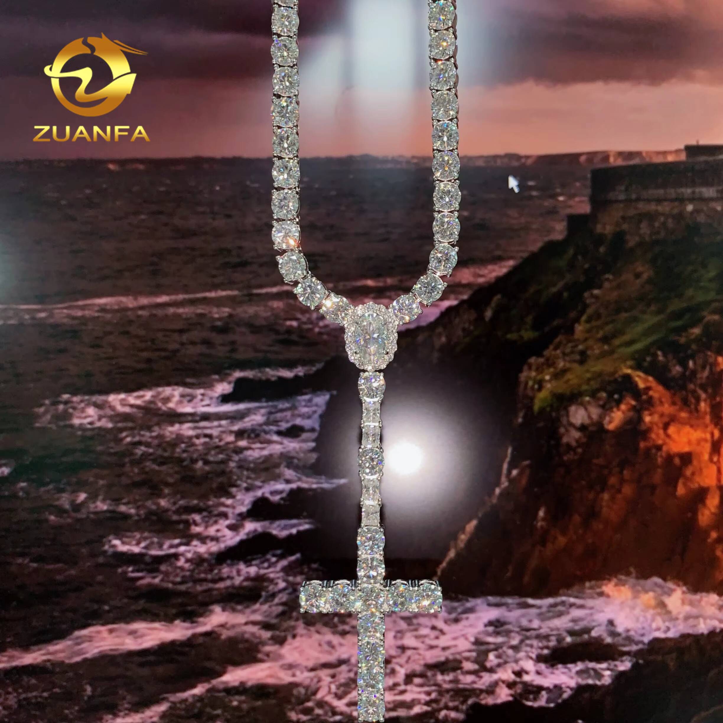 Hot Selling Cross Moissanite Tennis Chain Necklace Pendant Set 925 Sterling Silver Iced Out Hip Hop Jewelry