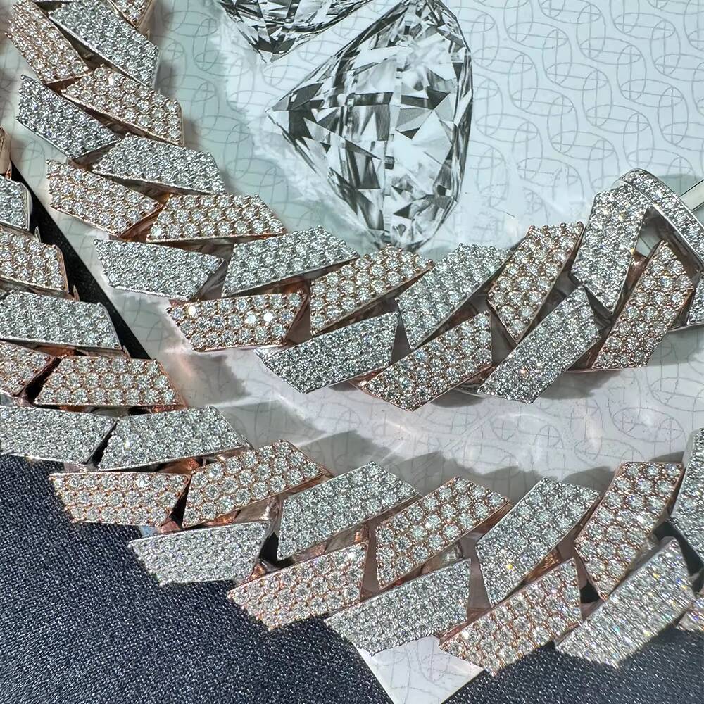 Custom Moissanite Cuban Link Chain 20mm 925 Sterling Silver Two Tones 4 Rows Hiphop Moissanite Cuban Chain