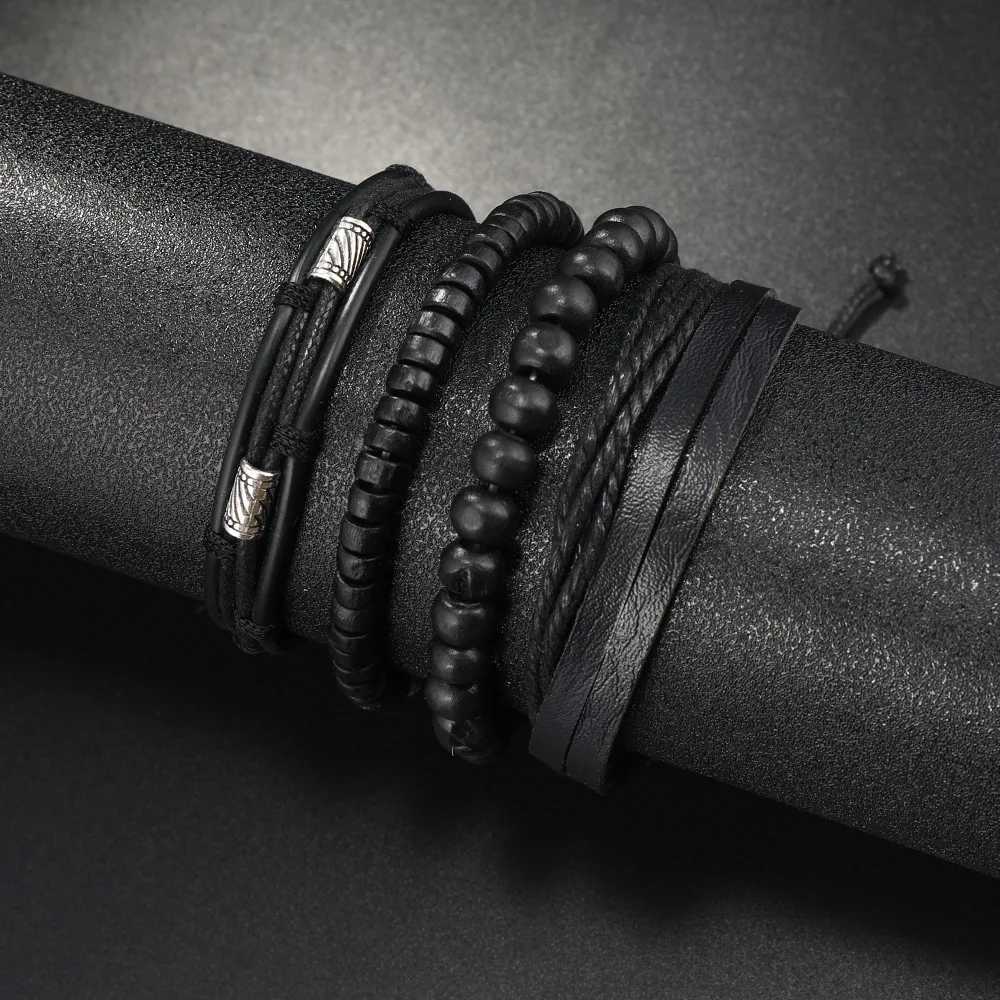 Leather Bracelet Mens Hand Woven Beaded Leather Bracelet Multi Layer Set with Adjustable Bracelet Charm Bracelet Mens Accessories Y250329