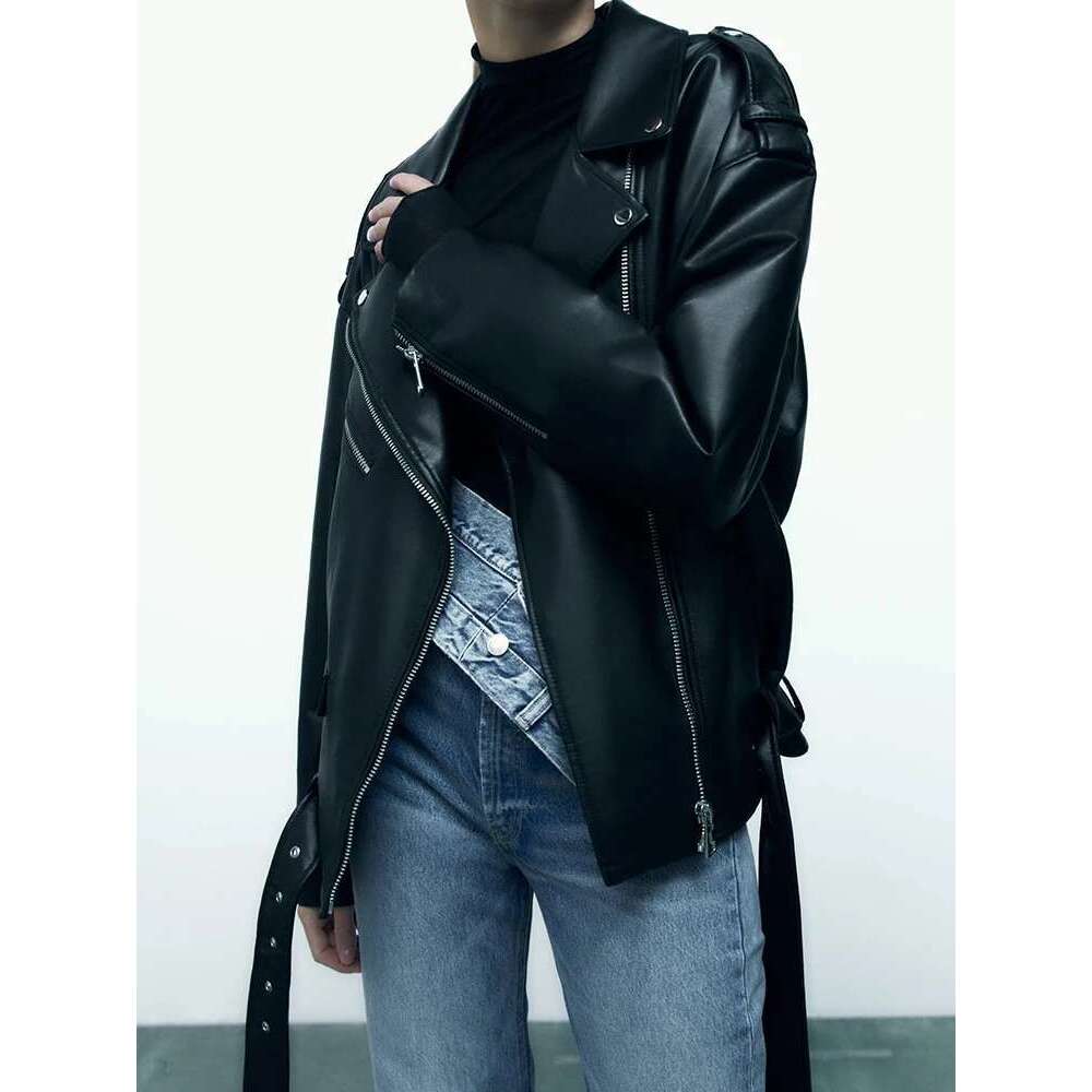 hoodie Baseball Jacket Aigo Women Loose Motorcycle Biker Black Pu Faux Leather Jacket With Belt Spring Autumn Female Zipper Coat Outwear jacket