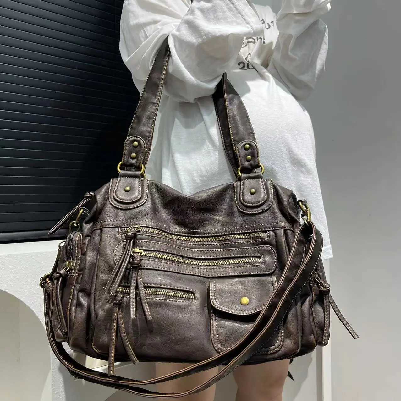 Y2K Hot Girl Single Shoulder Crossbody Bag Vintage Washed Leather Motorcycle Bag Large Capacity Multi Pocket BagW251101