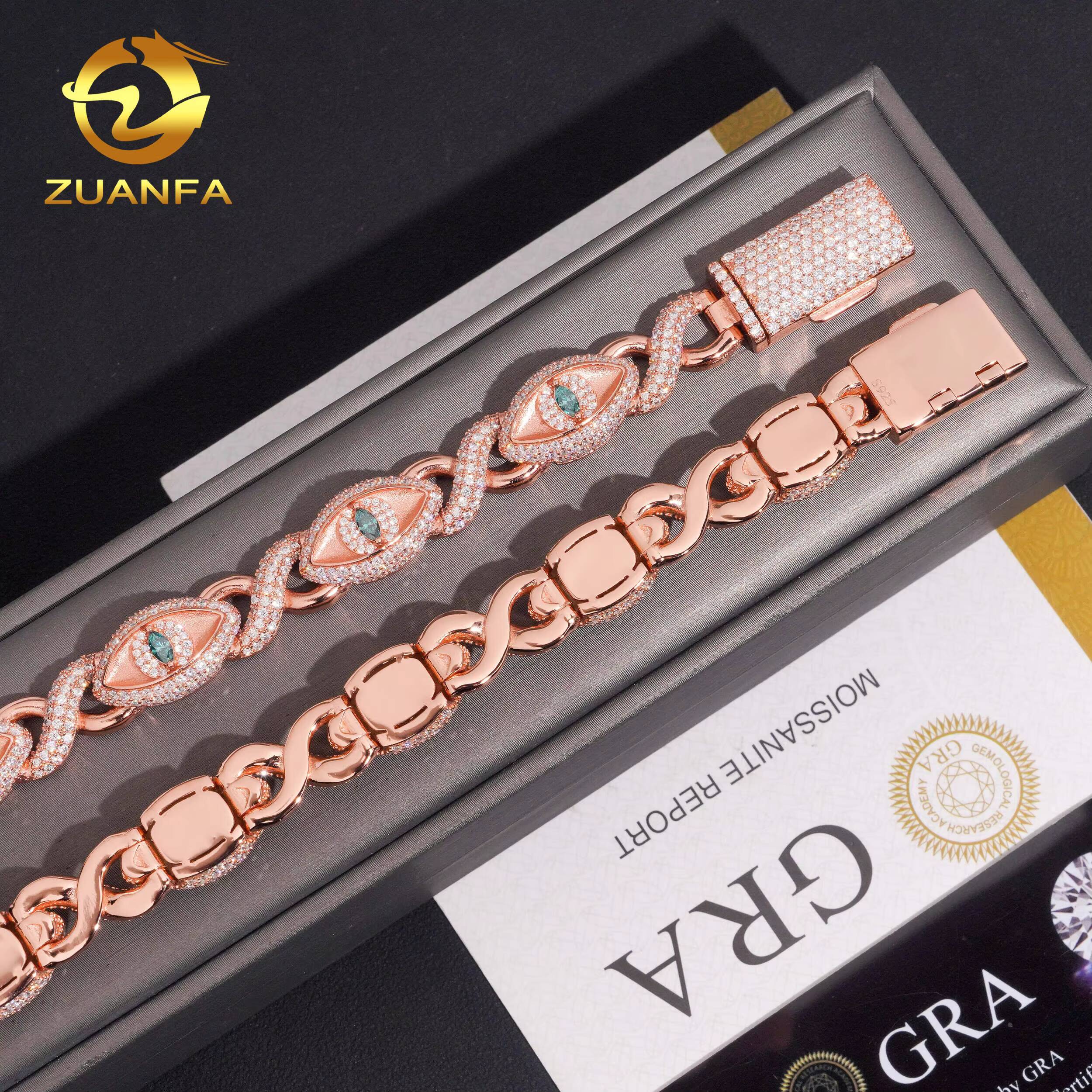 Hip Hop Jewelry 12mm Eyes Shape VVS Moissanite Cuban Link Bracelet 925 Silver Moissanite Iced Out Bracelet for Men