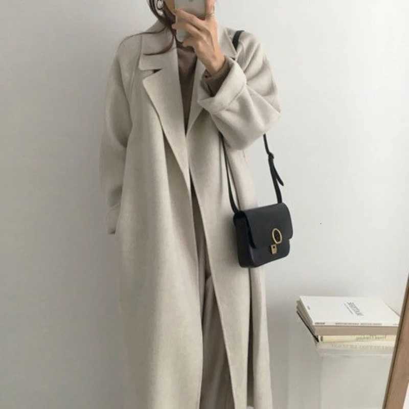 Autumn Winter Women Basic Lapel Solid Belt Woolen Coat Female Casual Commut Outwear Loose Midi Length Jacket OvercoatT251101