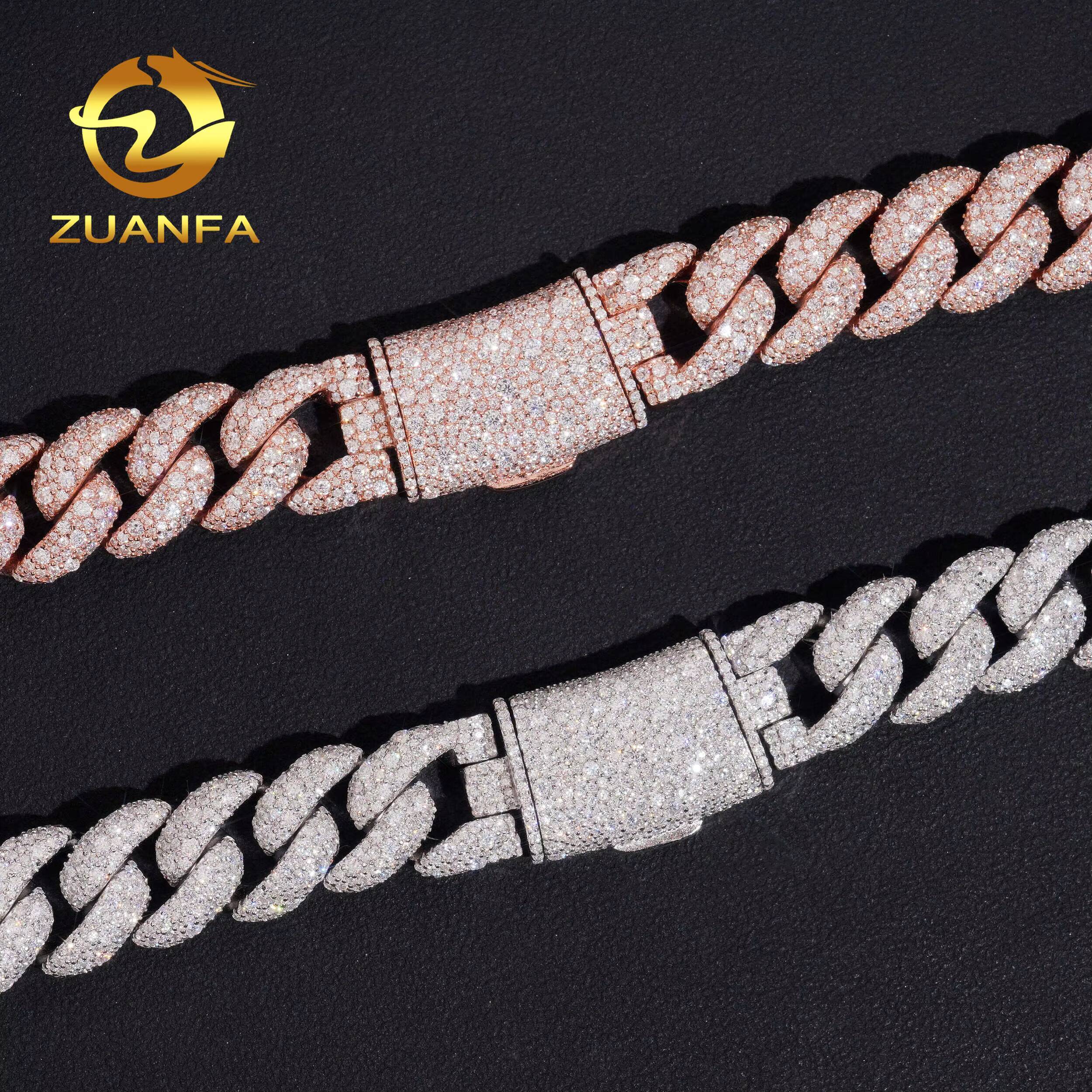 Mosaic Setting14mm Round Brillant Cut Moissanite Diamond Hip Hop Jewelry 14mm Moissanite Cuban Link 925 Silver Iced Out Chain