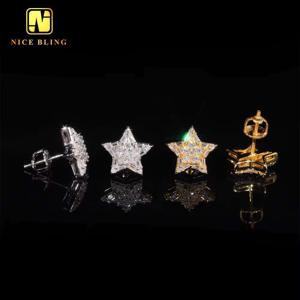 Hip Hop Jewelry Pass Diamond Tester Star Shape Baguette Diamond 925 Sterling Silver Moissanite Stud Earrings