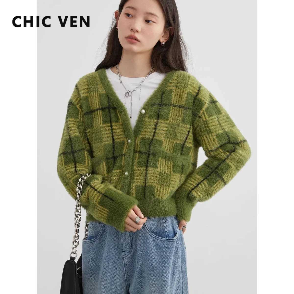 CHIC VEN Womens Cardigan Single Breasted New Vintage Plaid Sweater Soft Woman Jumpers Female Top Winter Autumn 2023T251101