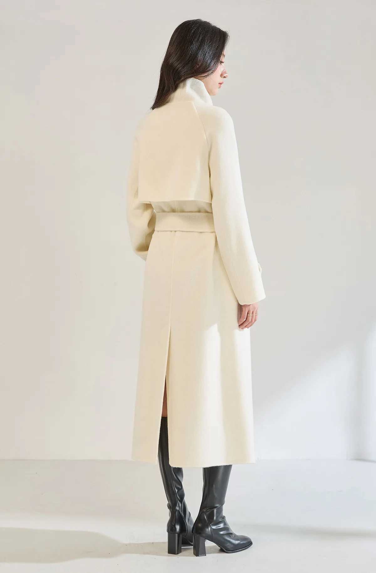 Office Lady Elegant Fashion Woolen Jackets 2025 Autumn And Winter Stand Collar LaceUp Loose Womens 100 Wool Long CoatsT251101