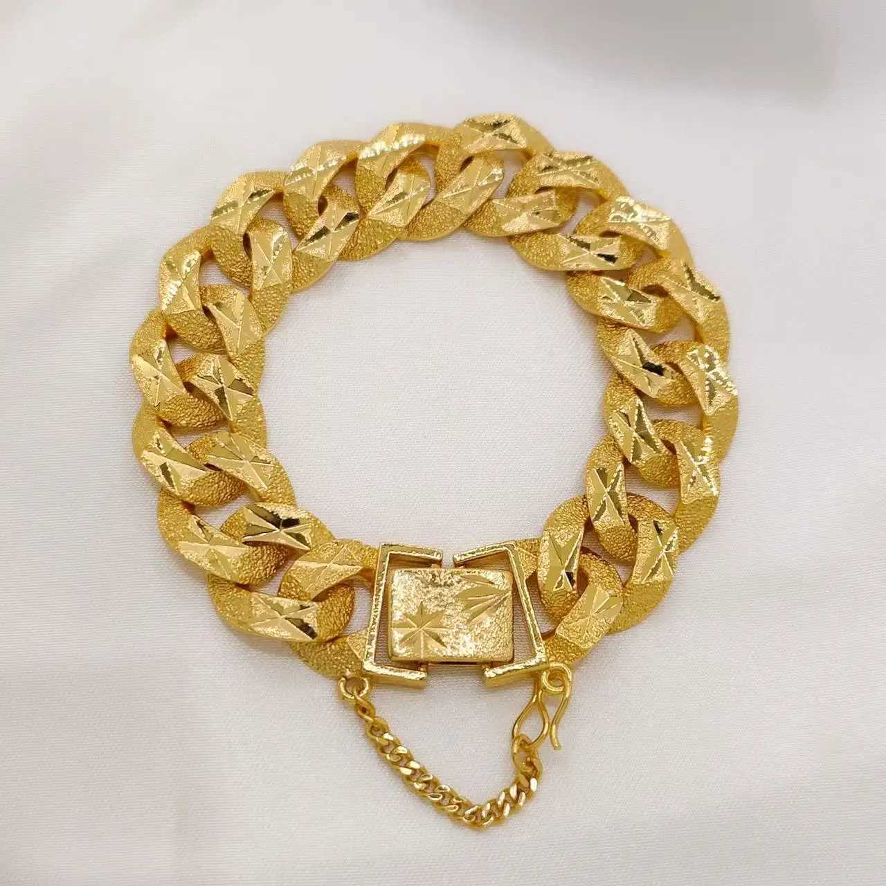 Hip Hop Cuban Link Chain Mens Bracelet Luxury Retro Genuine 24K Gold Plated Copper Charm Short and Fat Bracelet Punk Jewelry Gift Y250329