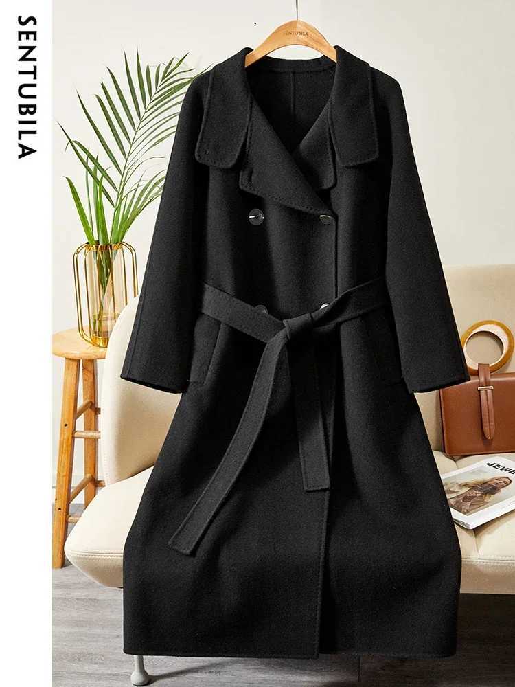 SENTUBILA Womens Long Woolen Overcoats 2025 Winter Outerwear Elegant Turtleneck Warm Double Breasted Belt Wrap Coat W24O42064T251101