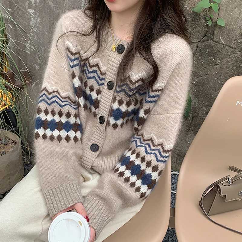 Crew Neck Printed Cardigan Sweater Women Autumn Winter New Knitted Long Sleeve Casual Coat Elegant Fall Korean Style KnitwearT251101
