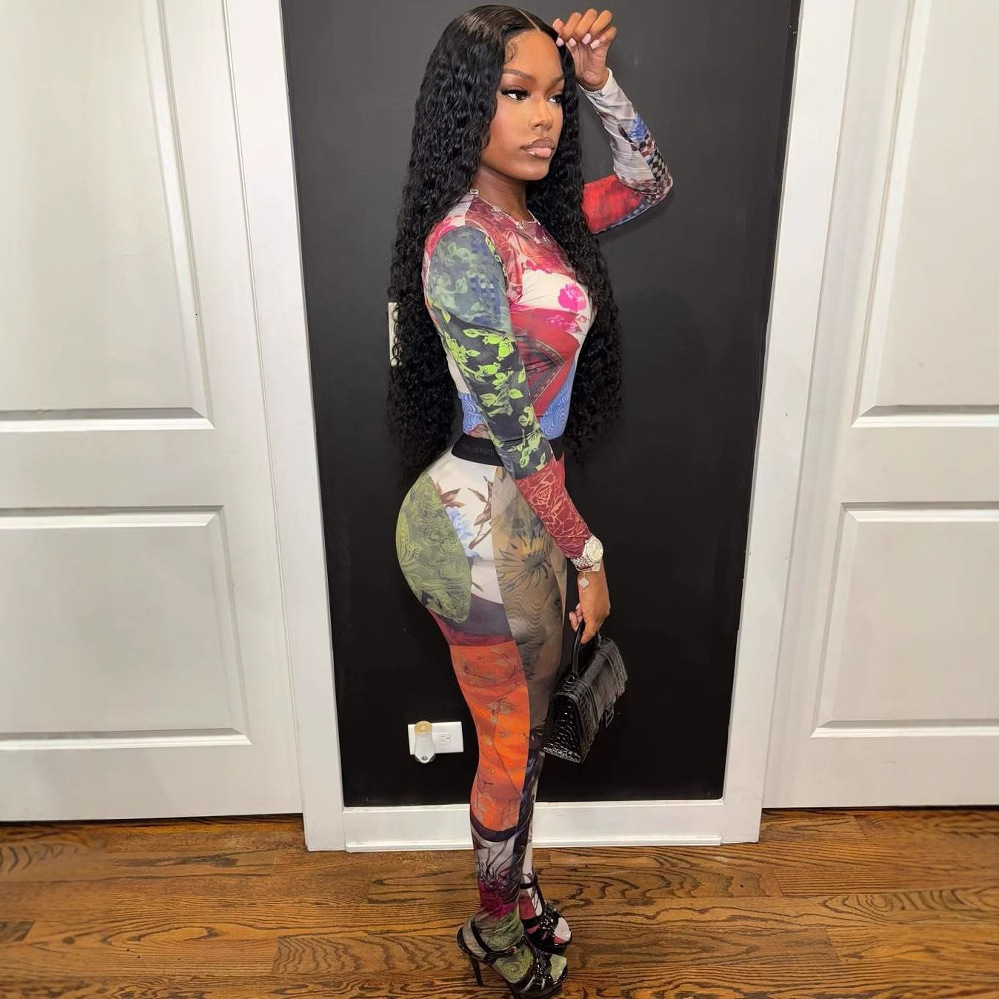 New Fashion Color Contrast Printed Trendy Stretch Pants Long Sleeve Round Neck Top Set For Women