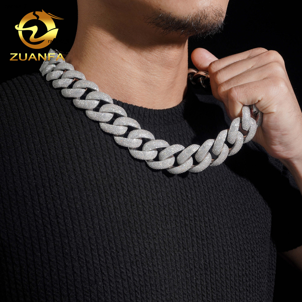 Zuanfa Jewelry Mosaic Setting 22mm Moissanite Cuban Chain GRA Certified Pass Diamond Tester 925 Silver Cuban Link Chain Necklace