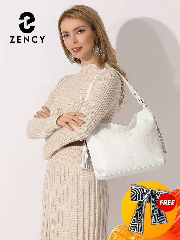 Zency Leather handbags Genuine For Women Fashion Tassel Hobo Bag Crossbody Plain Color Real Cowhide Leather Large Shopper BagW251101