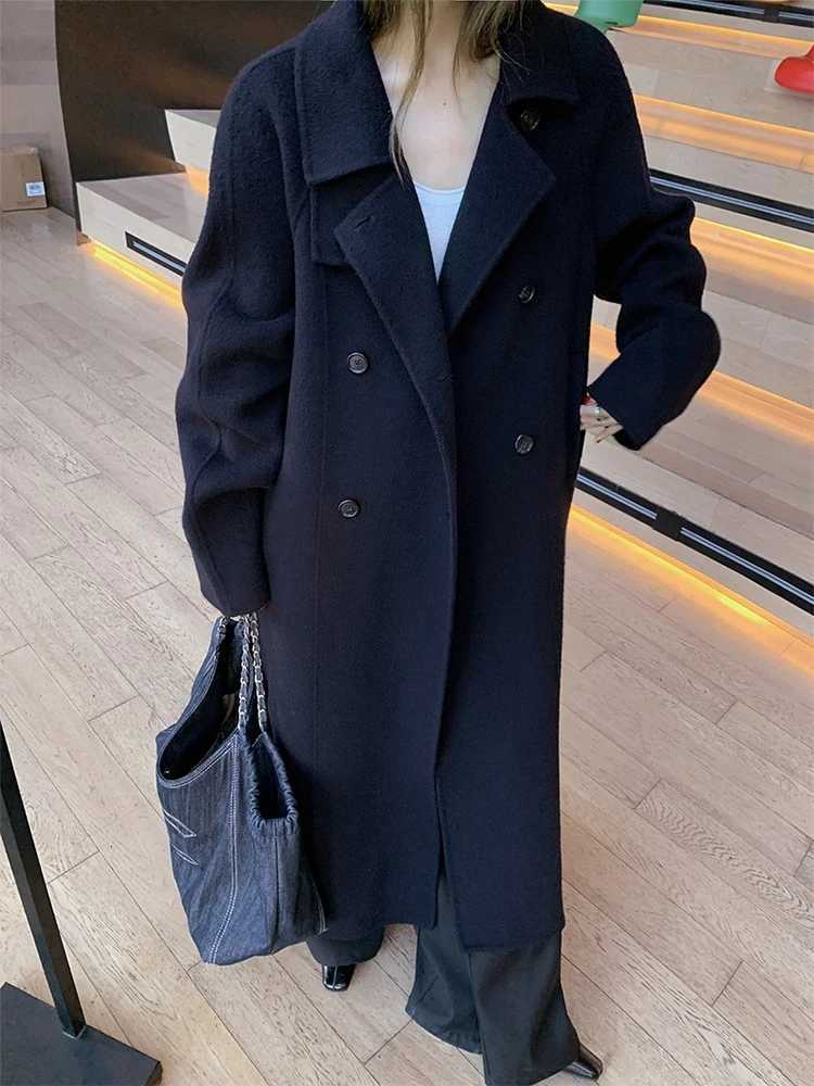 Double Breasted Office Lady Cashmere Woolen Jackets 2025 Autumn And Winter Stand Collar Loose LaceUp Womens Long Wool CoatsT251101