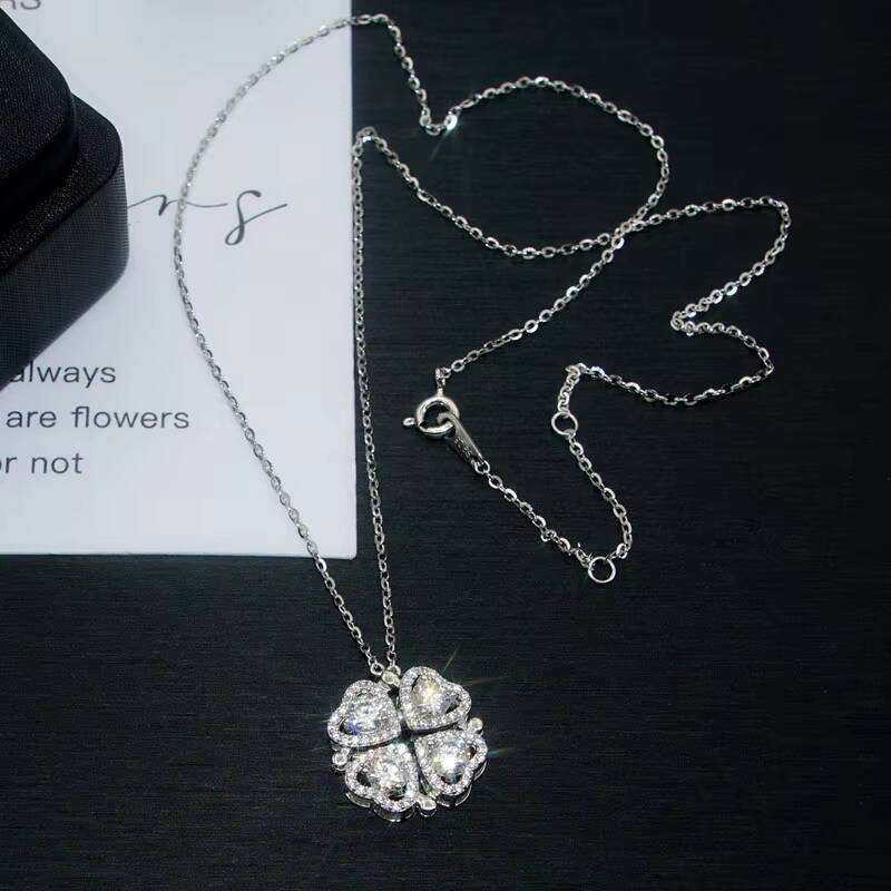 S925 Sterling Silver Moissanite Fourleaf Clover Heart Pendant Necklace New Design Jewelry