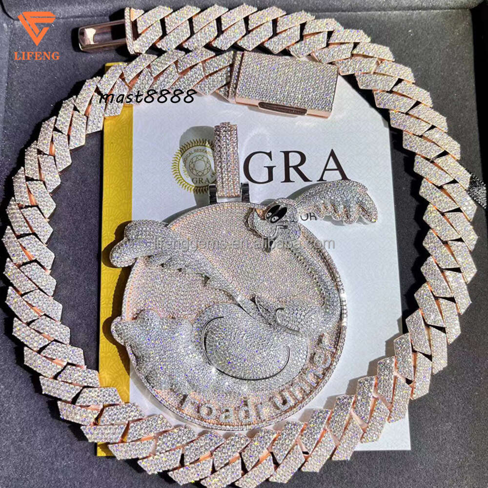 Fashion Design Solid Silver Gra Moissanite 18mm 20mm Wide Diamond Iced Out Pendant Necklace Cuban Link Chain for Rapper