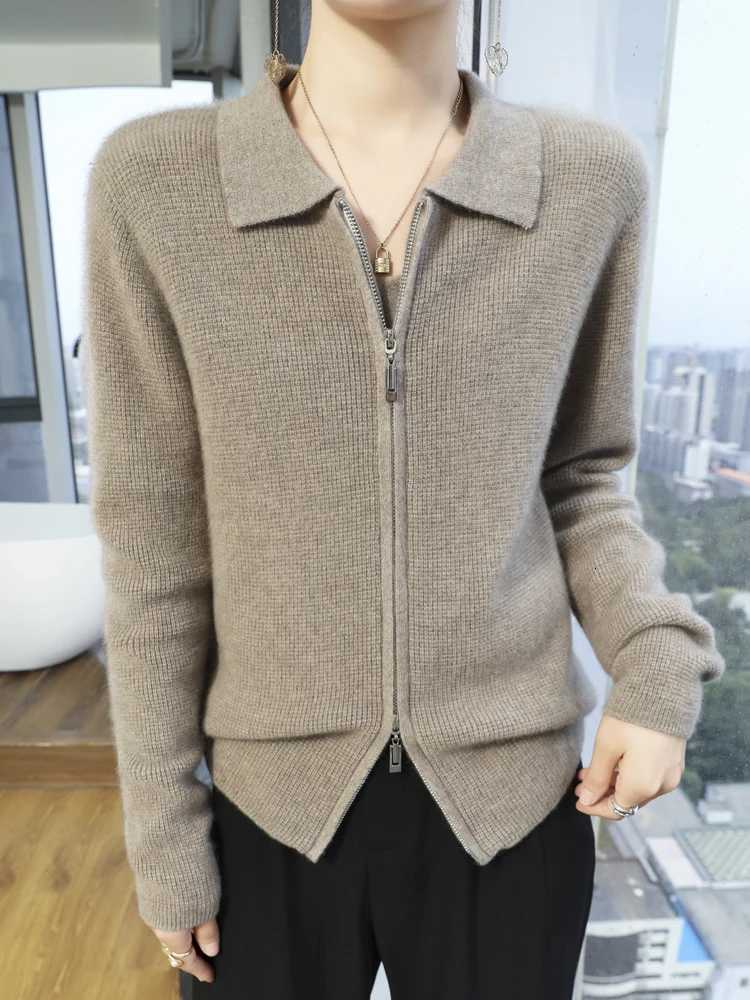 Autumn Winter Women Zipper Cashmere Cardigan POLO Collar Casual Sweater 70 Merino Wool and 30 Goat Cashmre Knitwear Female CoT251101