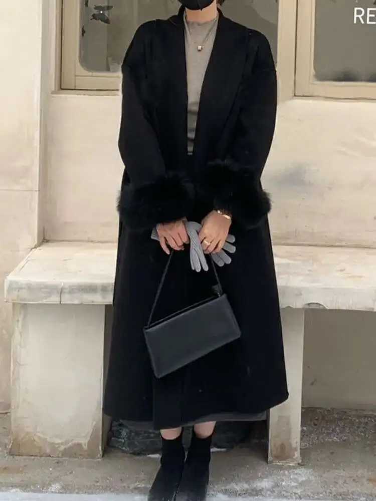 ZMEENNA Elegant Womens Coat European Style Tide All Match Belt Fur Patchwork Long Sleeve Woolen Coat 2024 Autumn Winter ZM600T251101