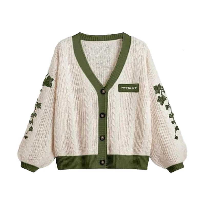 Cardigan Taylor Version Green Vine Embroidered Button Down Cable Knit Sweater Women Fall Winter Vintage OutfitT251101