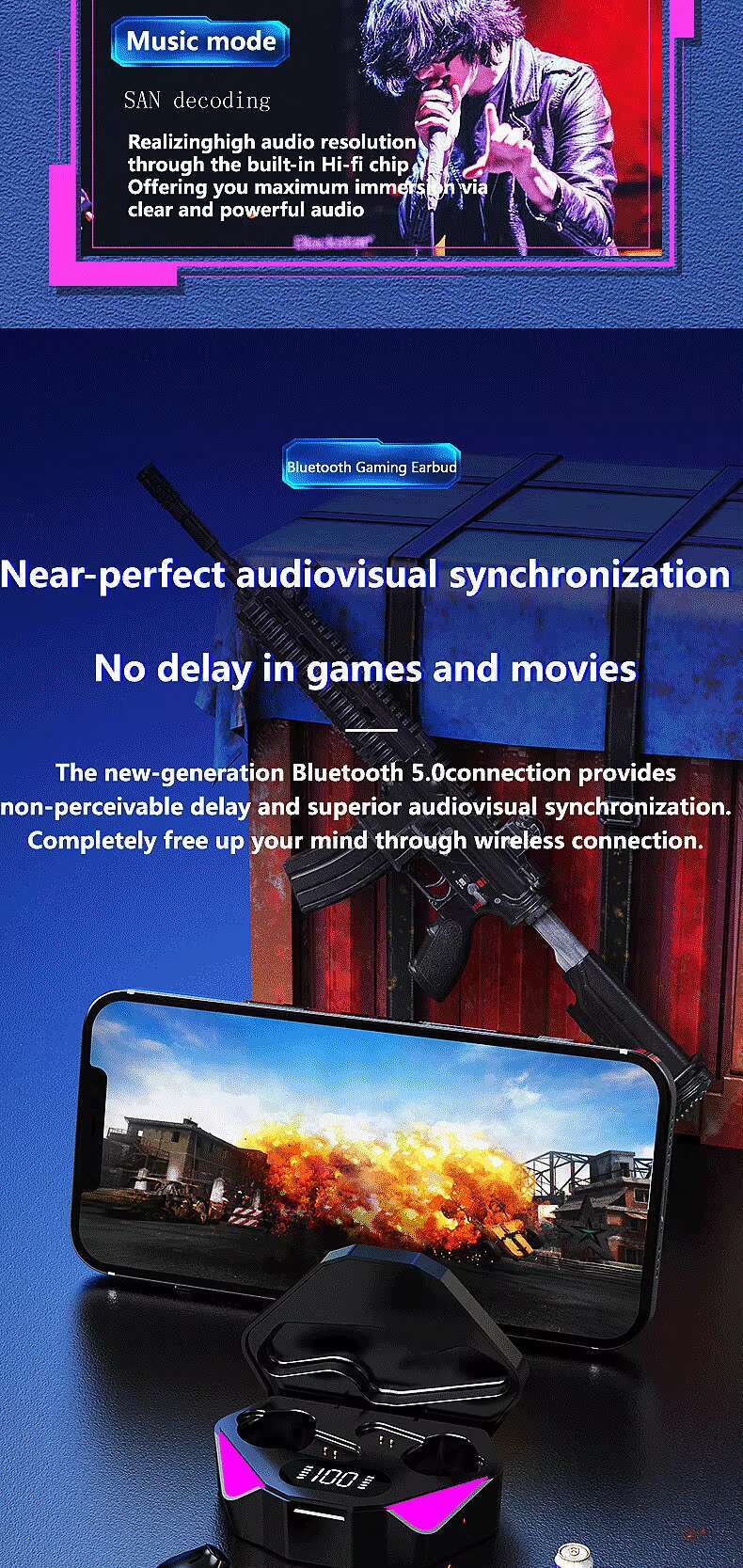 Bloothooth TWS Earbuds Wireless Headphone 5.0 Earphone Noise Cancelg Gaming Headset Stereo Sound Music In-ear