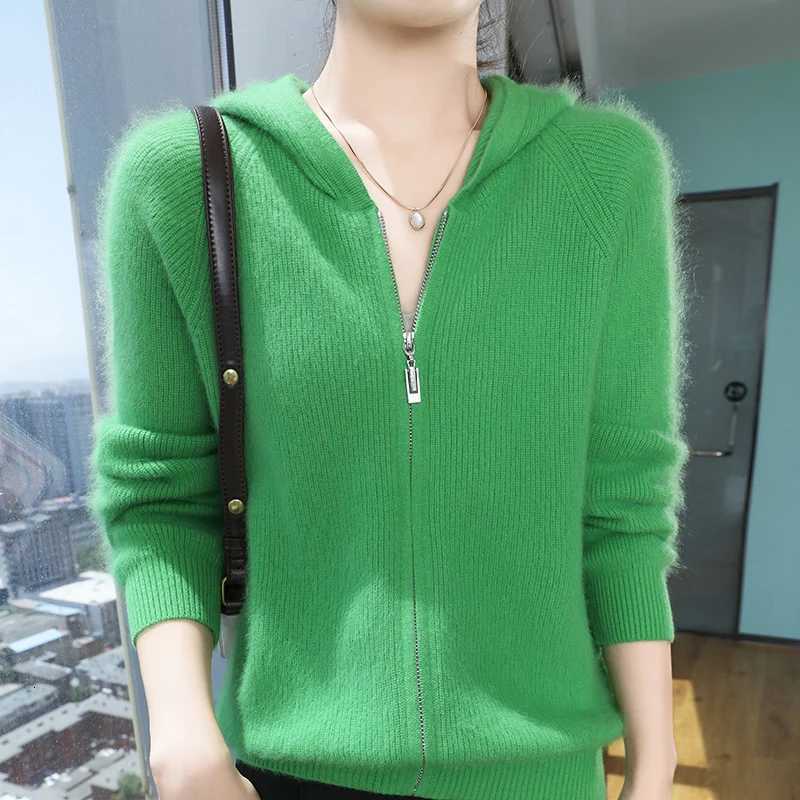 100 Pure Mink Cashmere Zipper Cardigan Womens Hooded Neck Knit Coat Hoodie Casual Loose Jacket Winter Long Sleeve Thicken TopsT251101