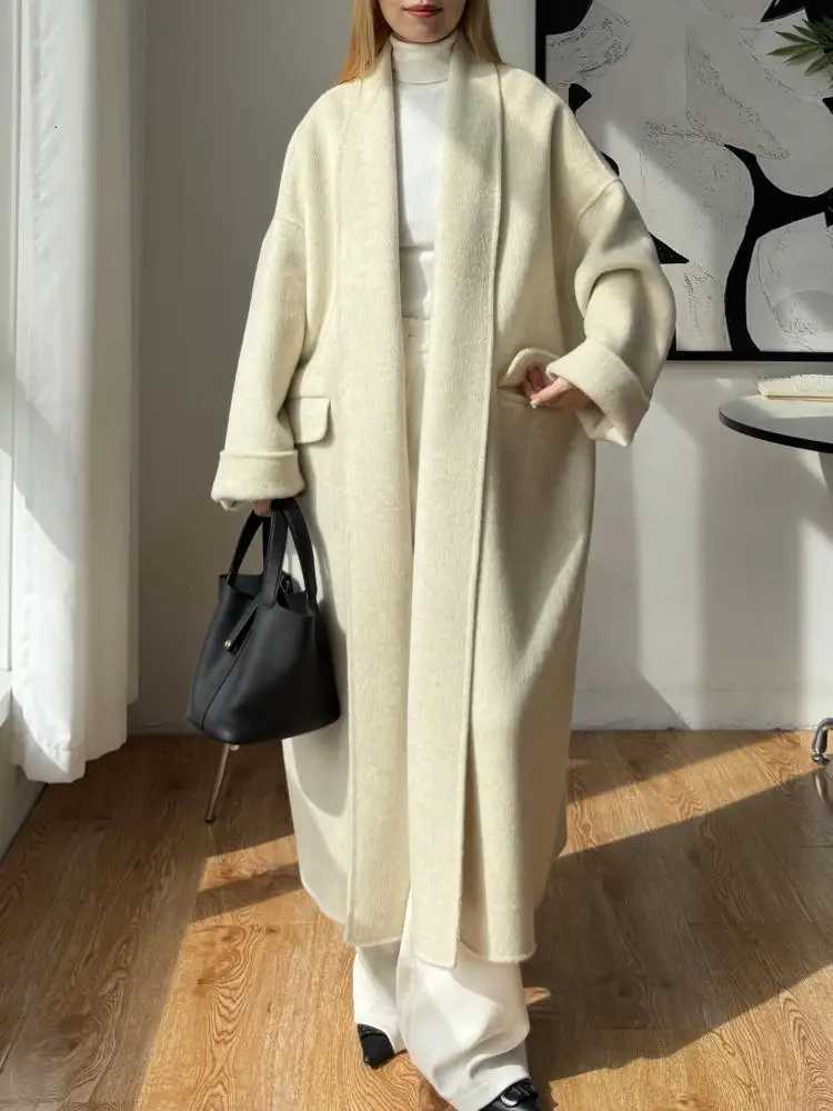 DoubleSided Barthrobe Office Lady Woolen Yark Hair Jackets 2025 Autumn And Winter Loose LaceUp Womens Long Wool CoatsT251101