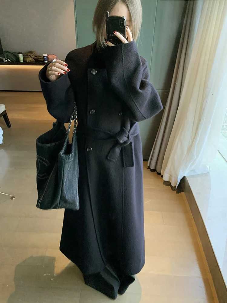 Double Breasted Office Lady Cashmere Woolen Jackets 2025 Autumn And Winter Stand Collar Loose LaceUp Womens Long Wool CoatsT251101