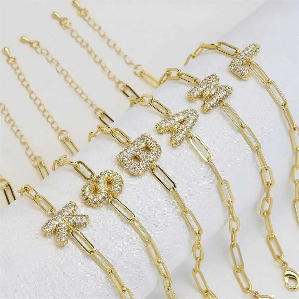 Punk Hip Hop Flash Rhine Stone Shaped Initial Letter Bracelet Stainless Steel Waterproof Zircon Bubble A-Z Letter Chain Bracelet Y250329