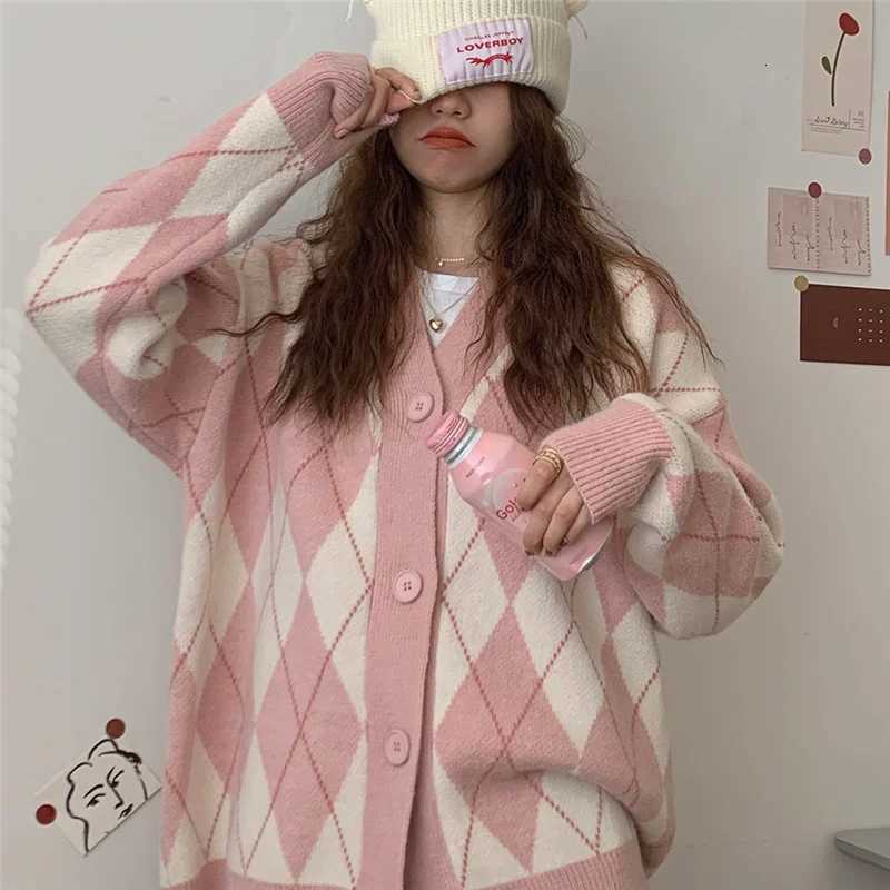Cardigan Women Knitted Sweater Argyle Loose Sweater Single Breasted Student Lovely Knitwear Korean Oversize Cardigan Winter TopsT251101